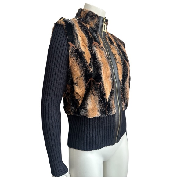 ST. JOHN Leather Trimmed Faux Fur Luxury Knit Jacket Black Tan Size Small - Picture 9 of 15